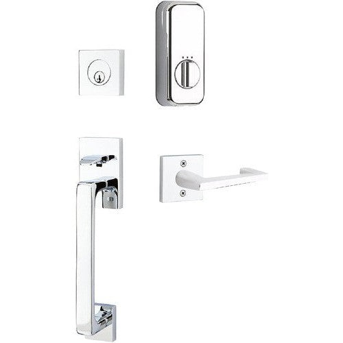 The Emtek EMPowered Smart Lock Upgrade Baden Tubular Single Cylinder Entrance Handleset with Argos Lever in Polished Chrome finish