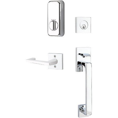 The Emtek EMPowered Smart Lock Upgrade Baden Tubular Single Cylinder Entrance Handleset with Argos Lever in Polished Chrome finish