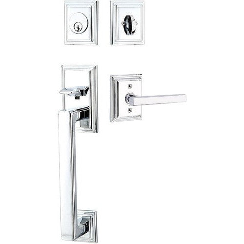 Emtek Hamden Tubular Entrance Handleset With Freestone Lever in Polished Chrome finish