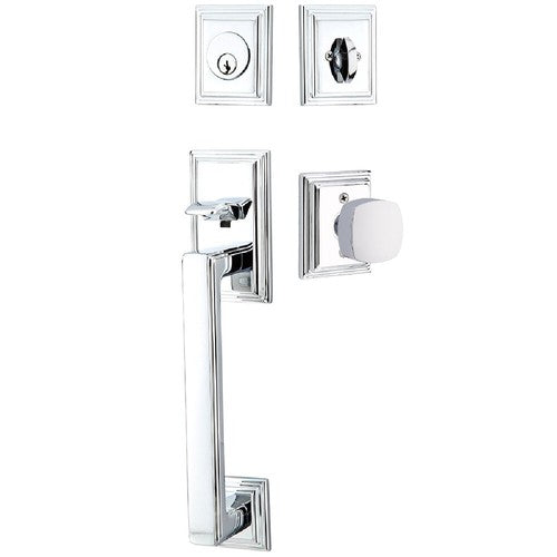 Emtek Hamden Tubular Entrance Handleset With Freestone Square Knob in Polished Chrome finish