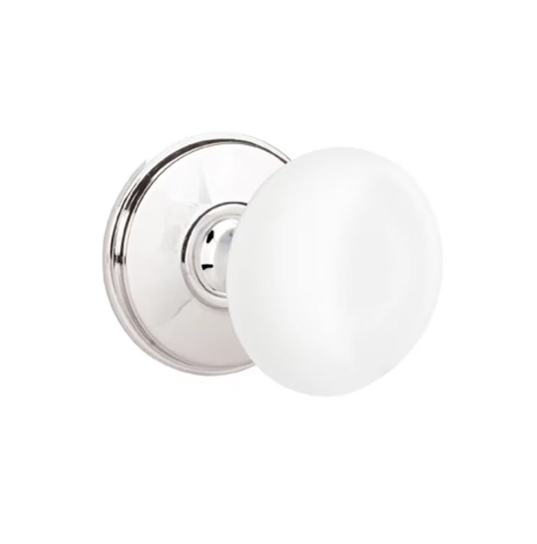 Emtek Ice White Porcelain Knob with Watford Rosette in Polished Chrome finish