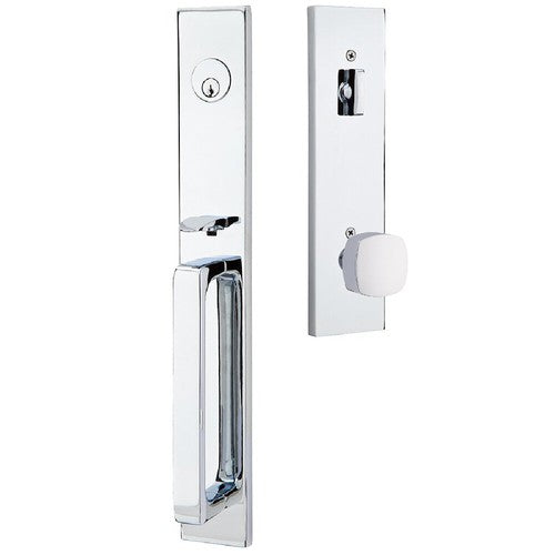 Emtek Lausanne Entrance Handleset With Freestone Square Knob in Polished Chrome finish