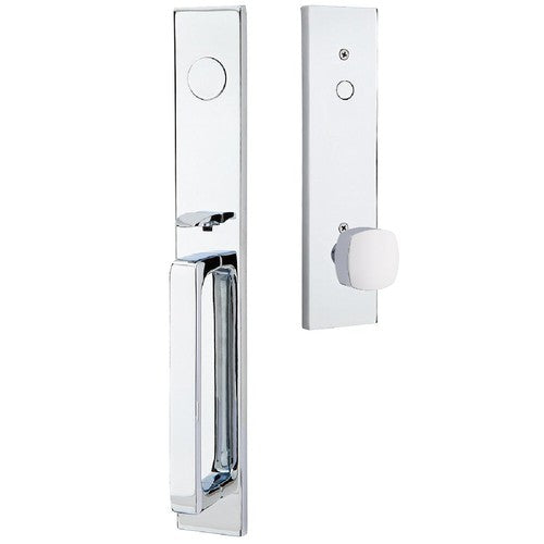 Emtek Lausanne Entrance Handleset With Freestone Square Knob in Polished Chrome finish