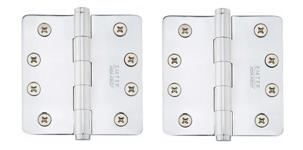 The Emtek Residential Duty Solid Brass Plain Bearing Hinge, 4" x 4" with 1/4" Radius Corners in Polished Chrome finish