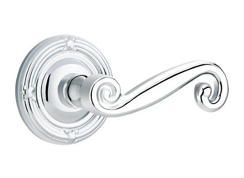 The Emtek Rustic Lever With Ribbon & Reed Rosette in Polished Chrome finish.