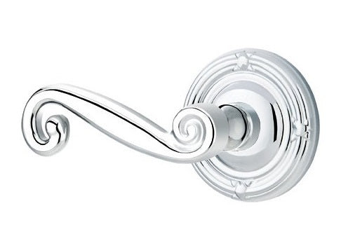 The Emtek Rustic Lever With Ribbon & Reed Rosette in Polished Chrome finish.