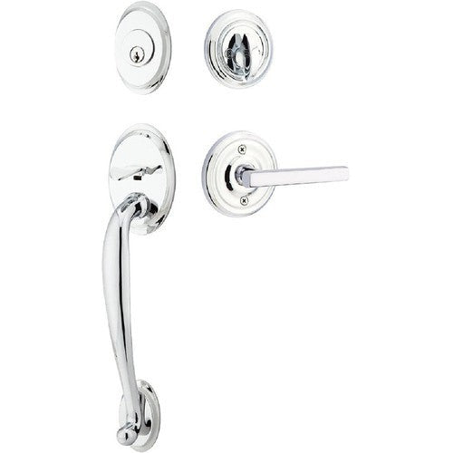 Emtek Saratoga Tubular Entrance Handleset With Freestone Lever in Polished Chrome finish