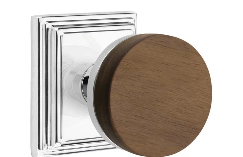 Emtek Select Conical Dark Walnut Knob with Wilshire Rosette in Polished Chrome finish