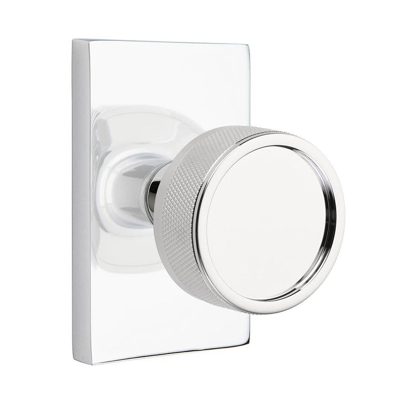 Emtek Select Conical Knurled Knob with Modern Rectangular Rosette in Polished Chrome finish