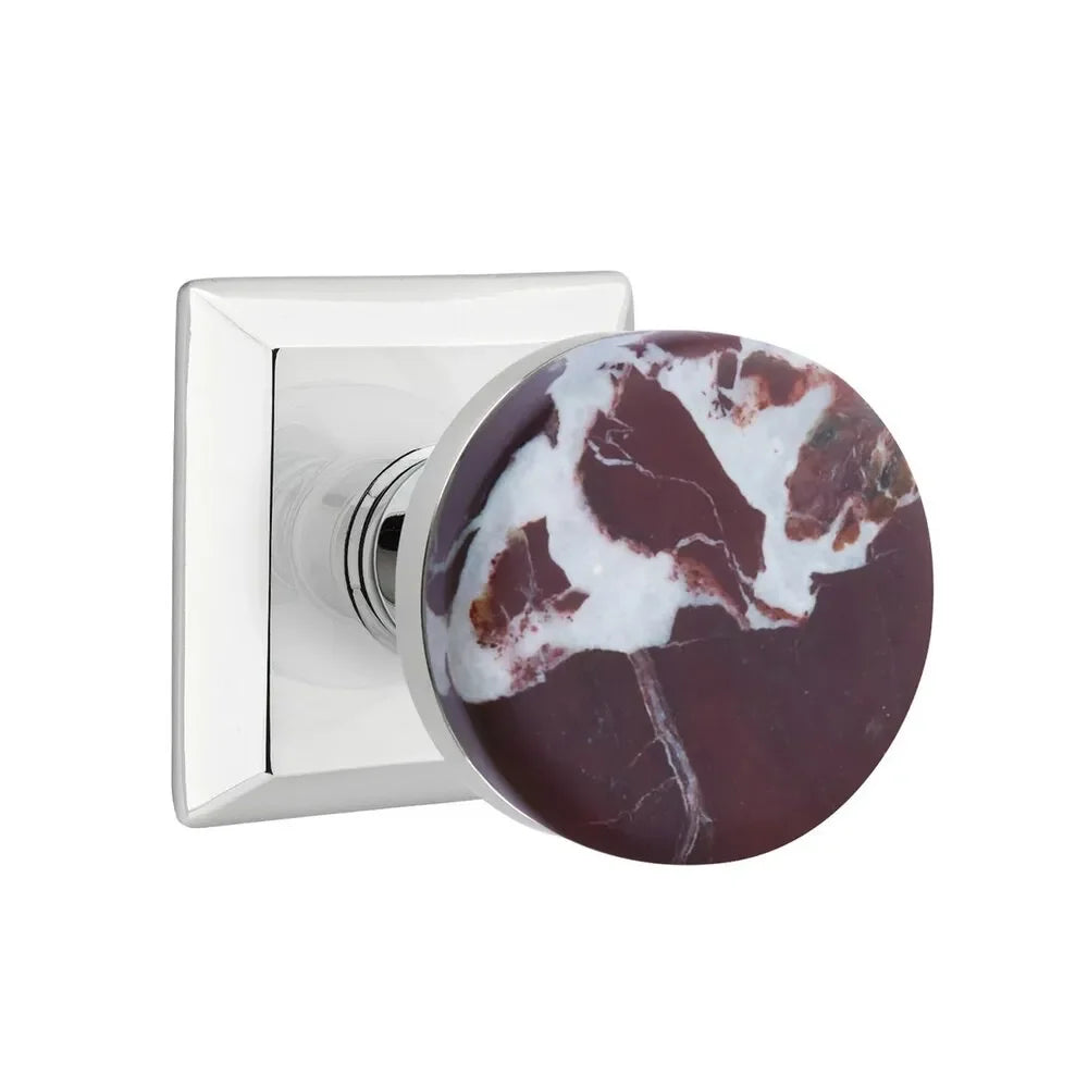 The Emtek Select Conical Rosso Levanto Marble Knobset with Quincy Rosette in Polished Chrome finish.