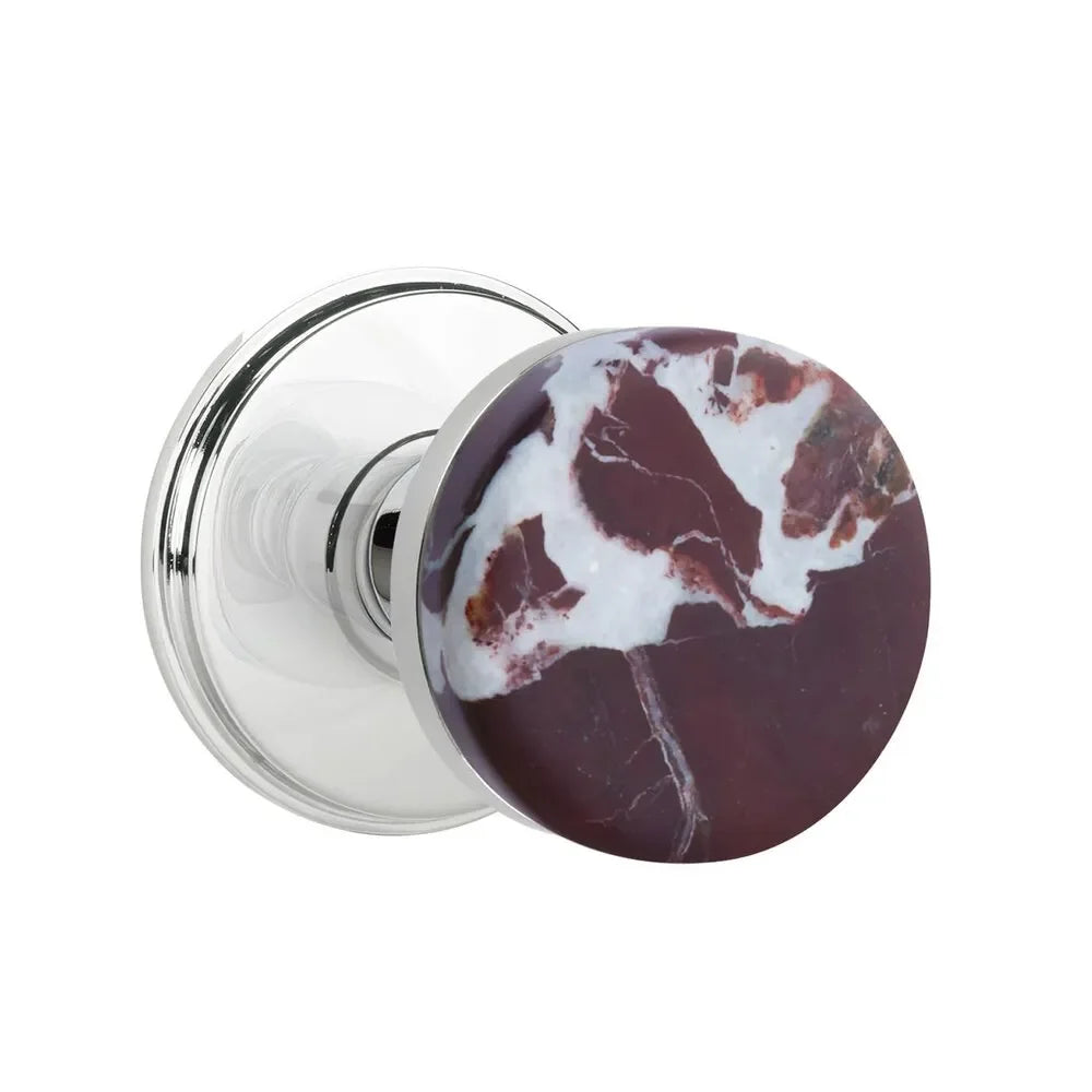 The Emtek Select Conical Rosso Levanto Marble Knobset with Watford Rosette in Polished Chrome finish.