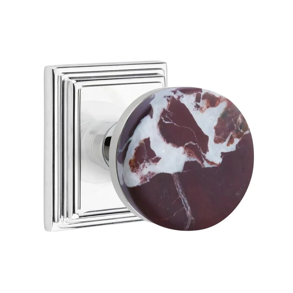 The Emtek Select Conical Rosso Levanto Marble Knobset with Wilshire Rosette in Polished Chrome finish.