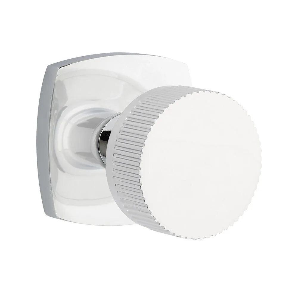 Emtek Select Conical Straight Knurled Knob with Urban Modern Rosette in Polished Chrome finish