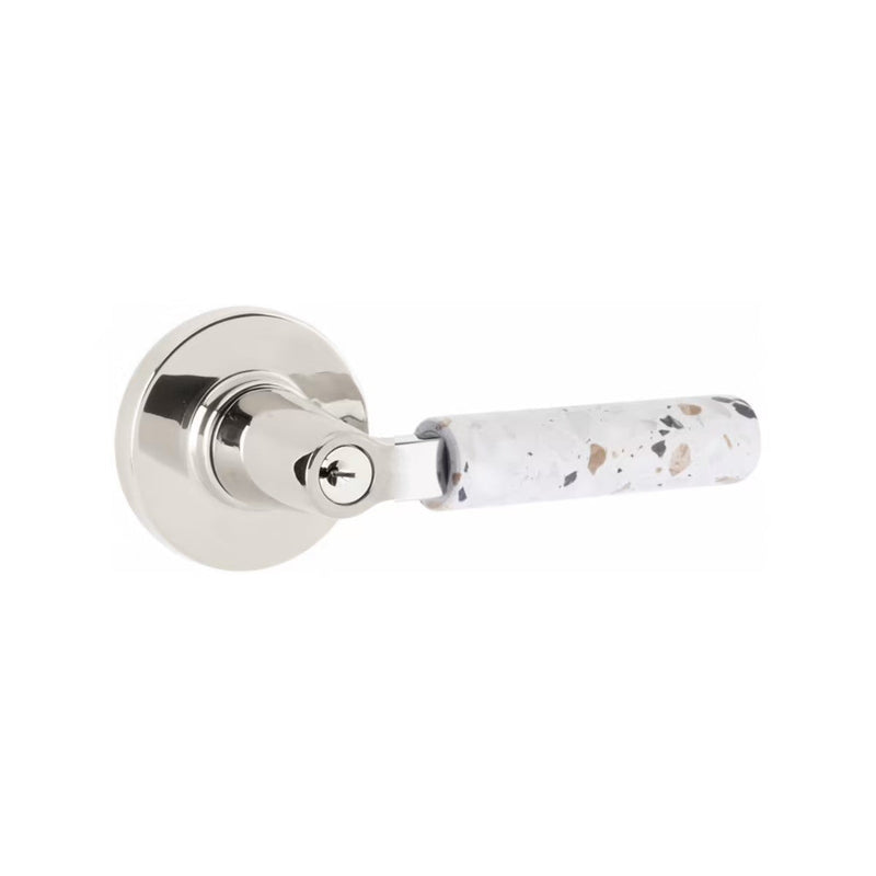 Emtek Select L-Square Terrazzo Lever with Disk Rosette in Polished Chrome finish