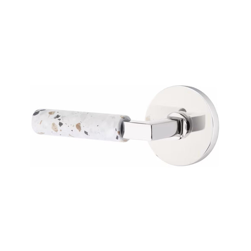 Emtek Select L-Square Terrazzo Lever with Disk Rosette in Polished Chrome finish