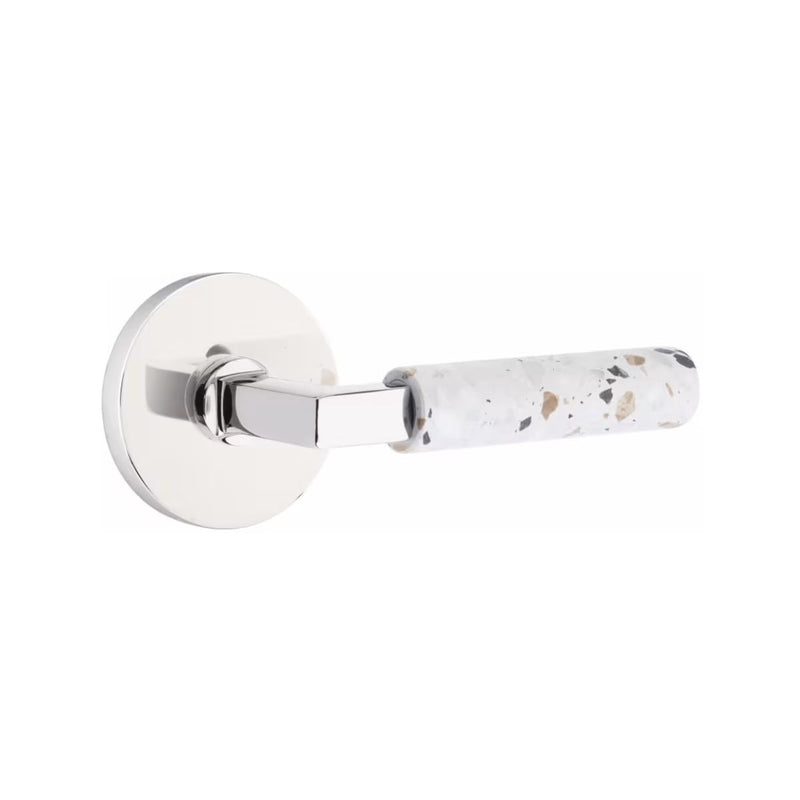 Emtek Select L-Square Terrazzo Lever with Disk Rosette in Polished Chrome finish