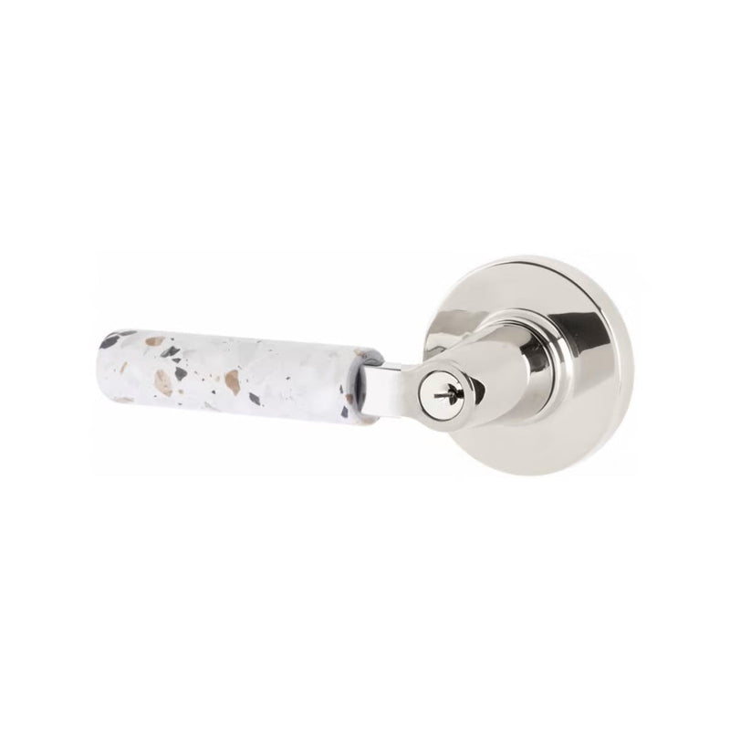 Emtek Select L-Square Terrazzo Lever with Disk Rosette in Polished Chrome finish