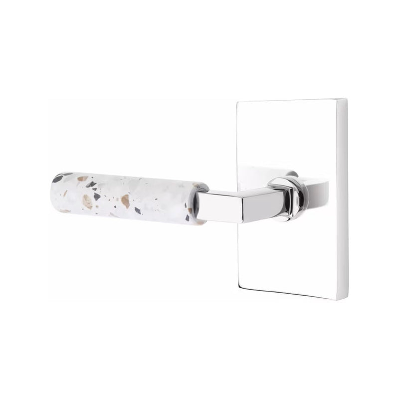 Emtek Select L-Square Terrazzo Lever with Modern Rectangular Rosette in Polished Chrome finish