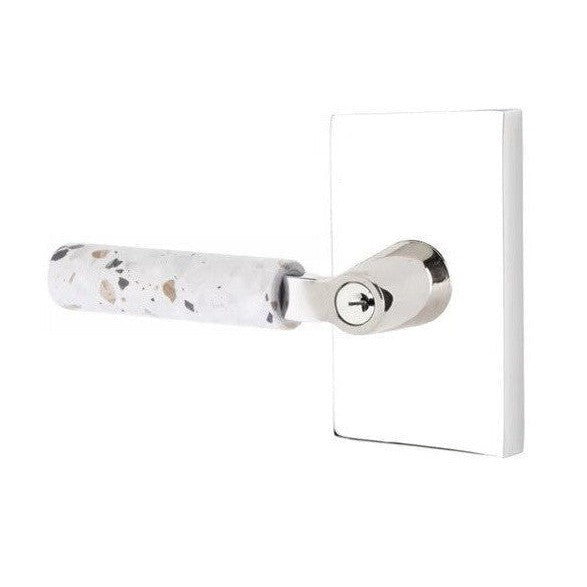 Emtek Select L-Square Terrazzo Lever with Modern Rectangular Rosette in Polished Chrome finish