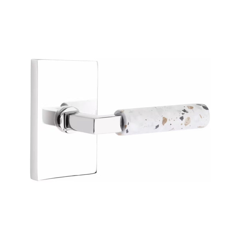 Emtek Select L-Square Terrazzo Lever with Modern Rectangular Rosette in Polished Chrome finish