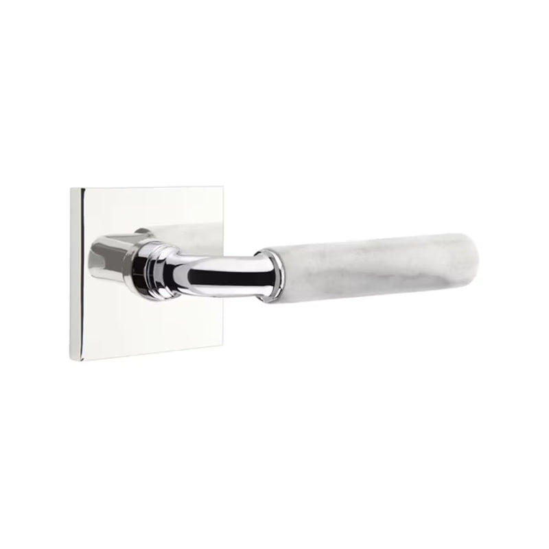 The Emtek Select R-Bar White Marble Lever with Square Rosette in Polished Chrome finish.