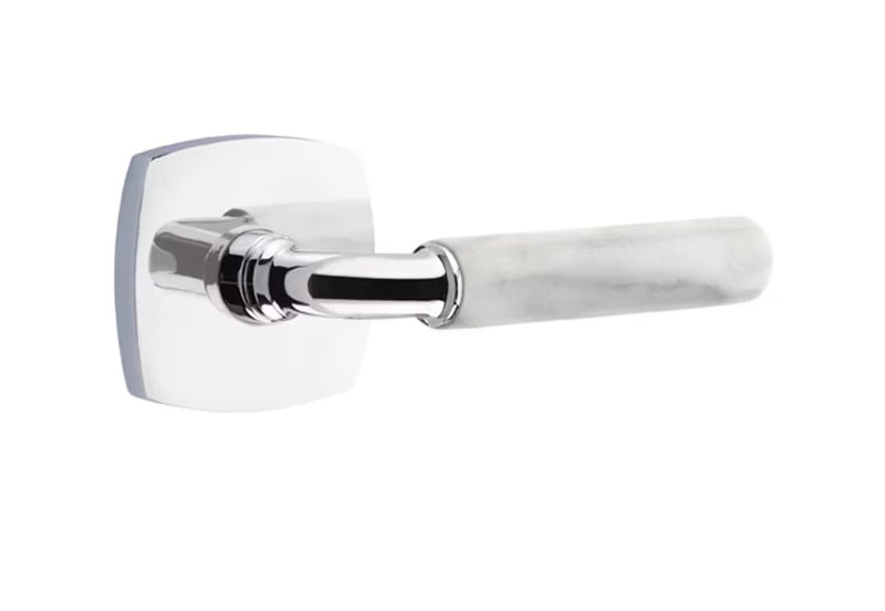 The Emtek Select R-Bar White Marble Lever with Urban Modern Rosette in Polished Chrome finish.