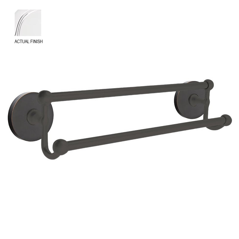 The Emtek Traditional Brass Double Towel Bar with Small Disc Rosette in Polished Chrome finish.