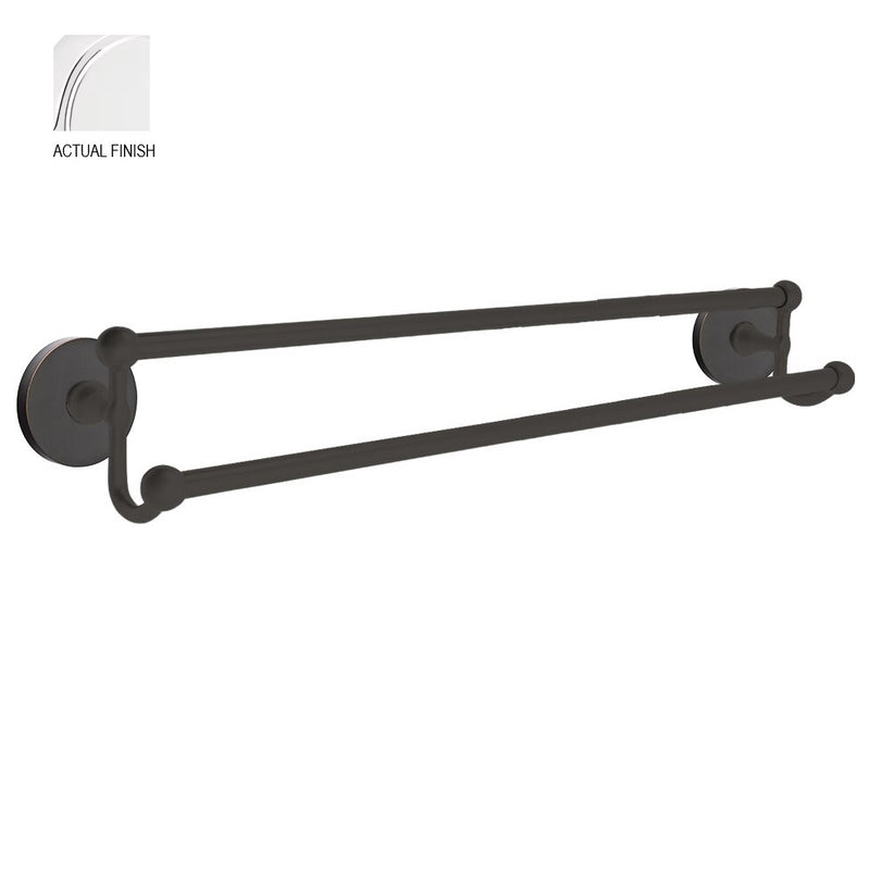 The Emtek Traditional Brass Double Towel Bar with Small Disc Rosette in Polished Chrome finish.