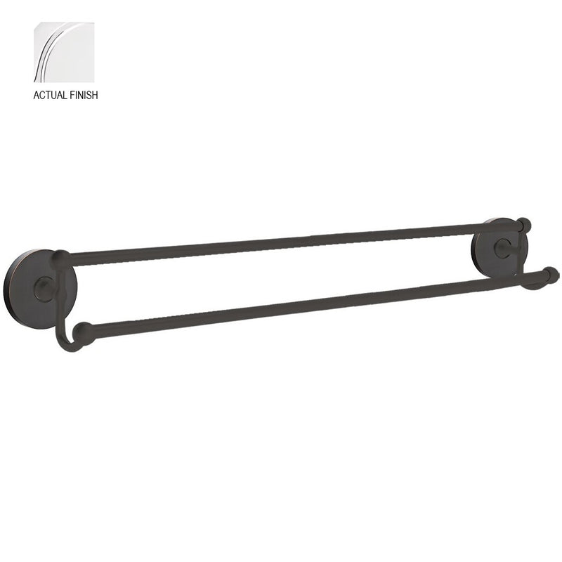 The Emtek Traditional Brass Double Towel Bar with Small Disc Rosette in Polished Chrome finish.