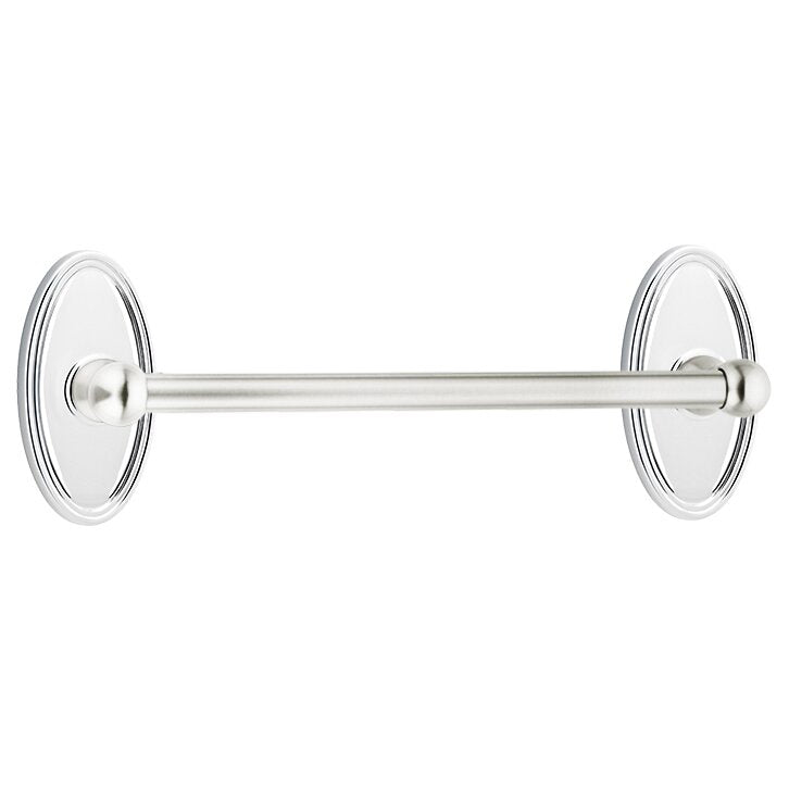 The Emtek Traditional Brass Towel Bar with Oval Rosette in Polished Chrome finish.