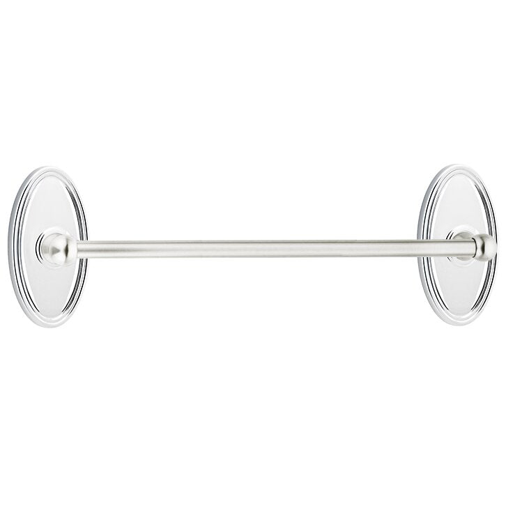 The Emtek Traditional Brass Towel Bar with Oval Rosette in Polished Chrome finish.