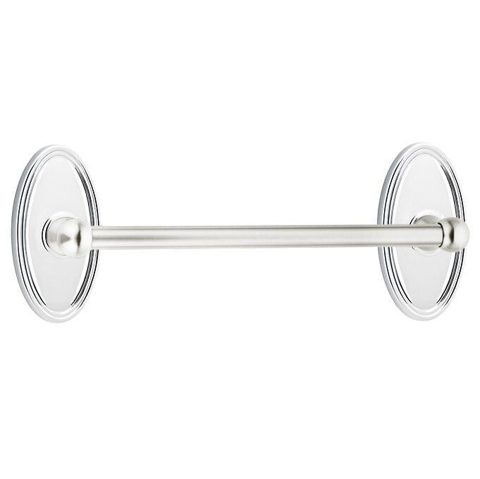 The Emtek Traditional Brass Towel Bar with Oval Rosette in Polished Chrome finish.