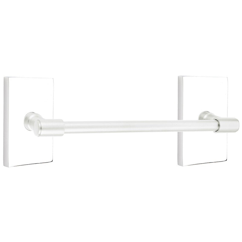 The Emtek Transitional Brass Towel Bar with Modern Rectangular Rosette in Polished Chrome finish.