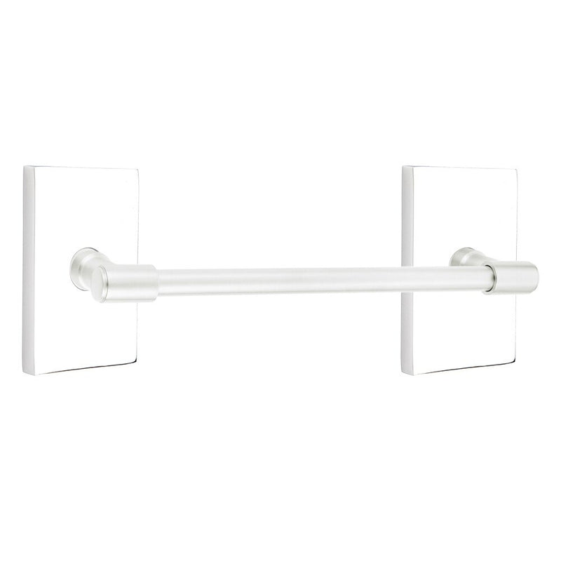 The Emtek Transitional Brass Towel Bar with Modern Rectangular Rosette in Polished Chrome finish.