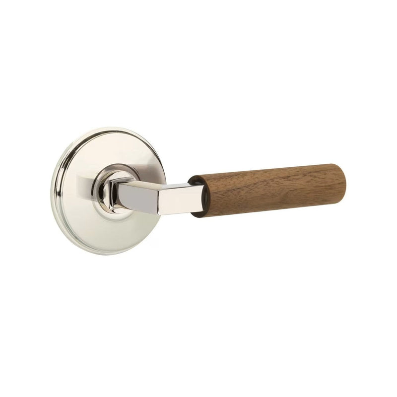 Emtek Select L-Square Dark Walnut Lever with Watford Rosette in Polished Nickel finish