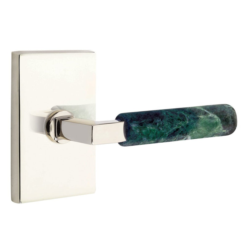 The Emtek Select L-Square Green Marble Lever with Modern Rectangular Rosette in Polished Nickel finish.