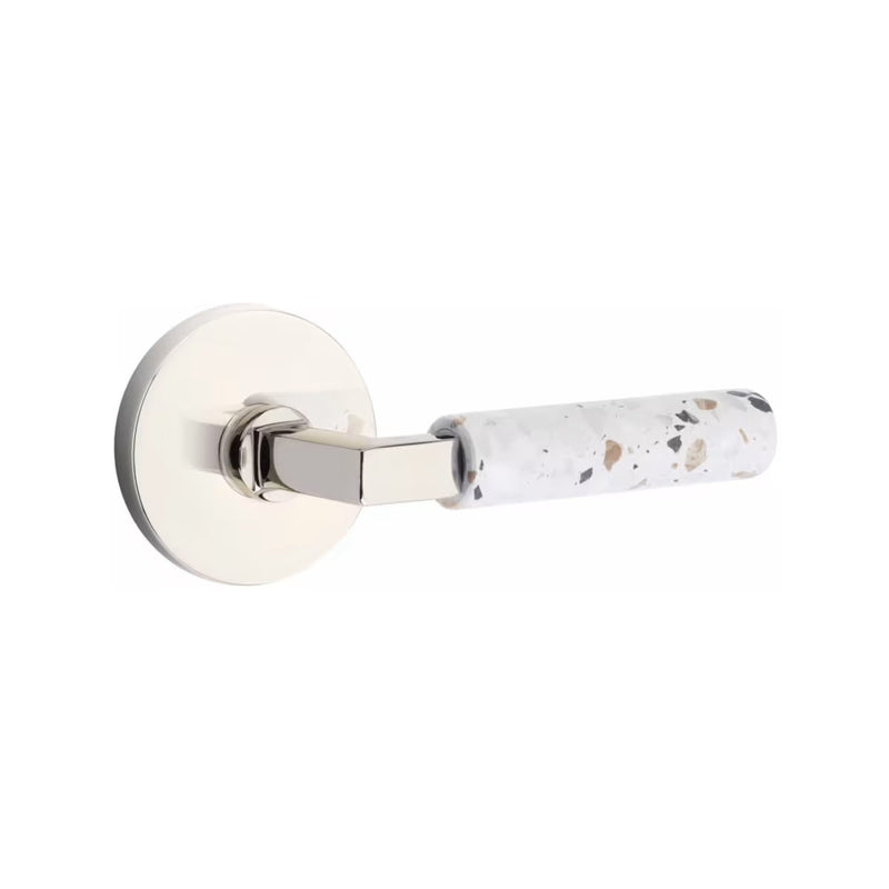 Emtek Select L-Square Terrazzo Lever with Disk Rosette in Polished Nickel finish