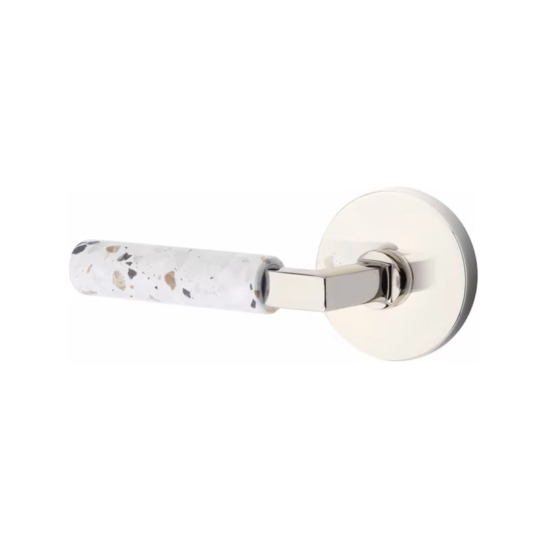 Emtek Select L-Square Terrazzo Lever with Disk Rosette in Polished Nickel finish