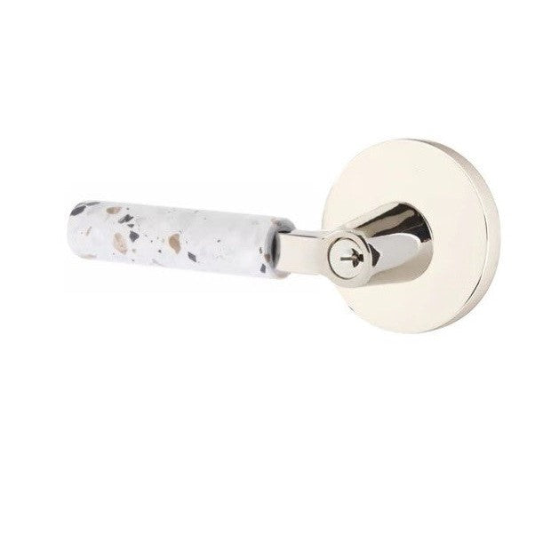 Emtek Select L-Square Terrazzo Lever with Disk Rosette in Polished Nickel finish