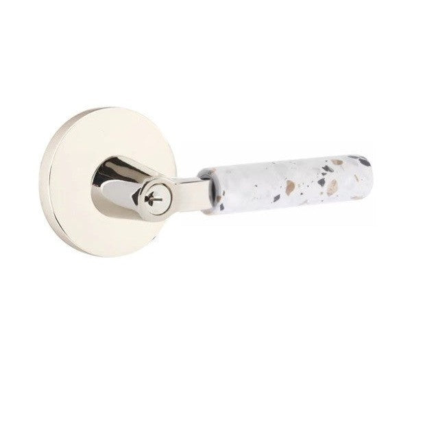 Emtek Select L-Square Terrazzo Lever with Disk Rosette in Polished Nickel finish