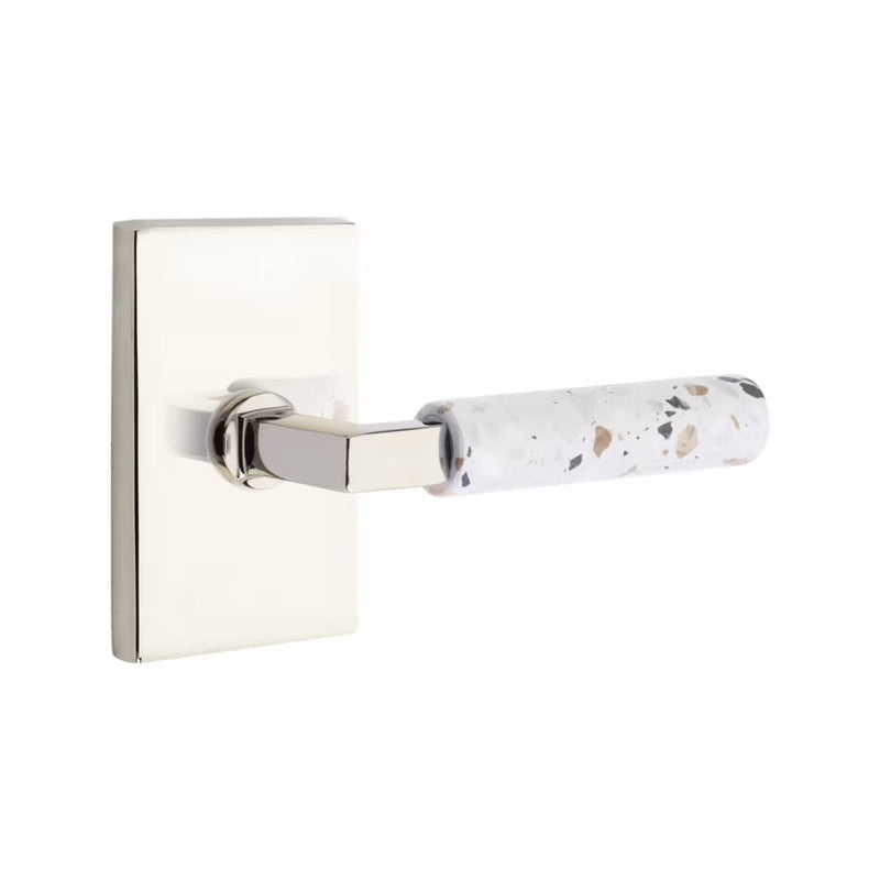 Emtek Select L-Square Terrazzo Lever with Modern Rectangular Rosette in Polished Nickel finish