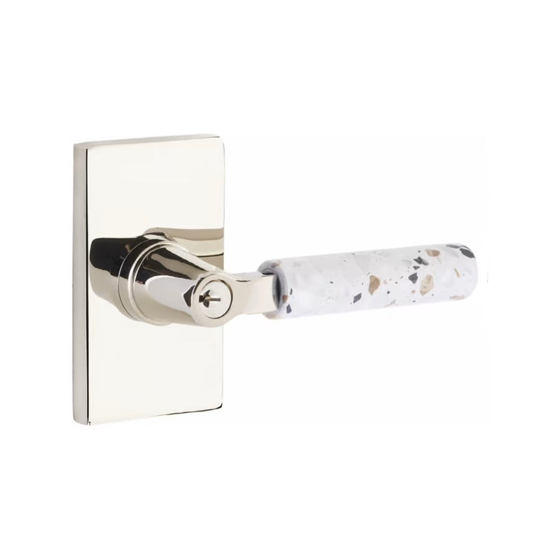 Emtek Select L-Square Terrazzo Lever with Modern Rectangular Rosette in Polished Nickel finish