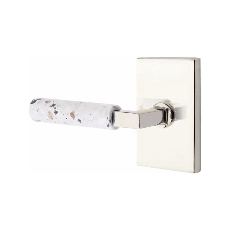 Emtek Select L-Square Terrazzo Lever with Modern Rectangular Rosette in Polished Nickel finish