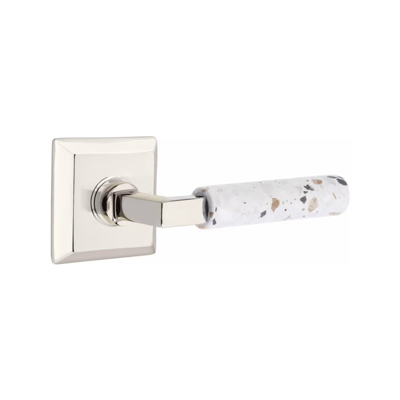 Emtek Select L-Square Terrazzo Lever with Quincy Rosette in Polished Nickel finish