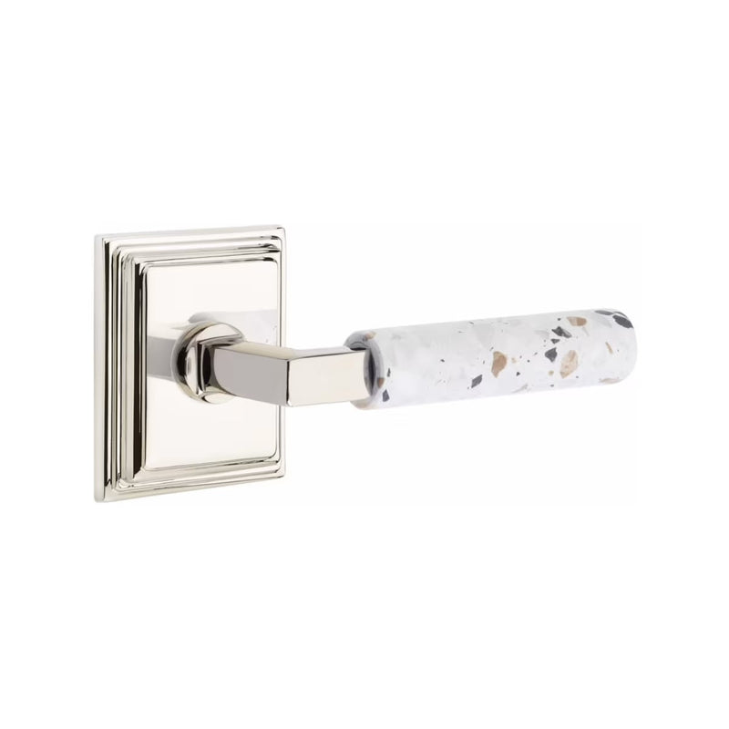 Emtek Select L-Square Terrazzo Lever with Wilshire Rosette in Polished Nickel finish