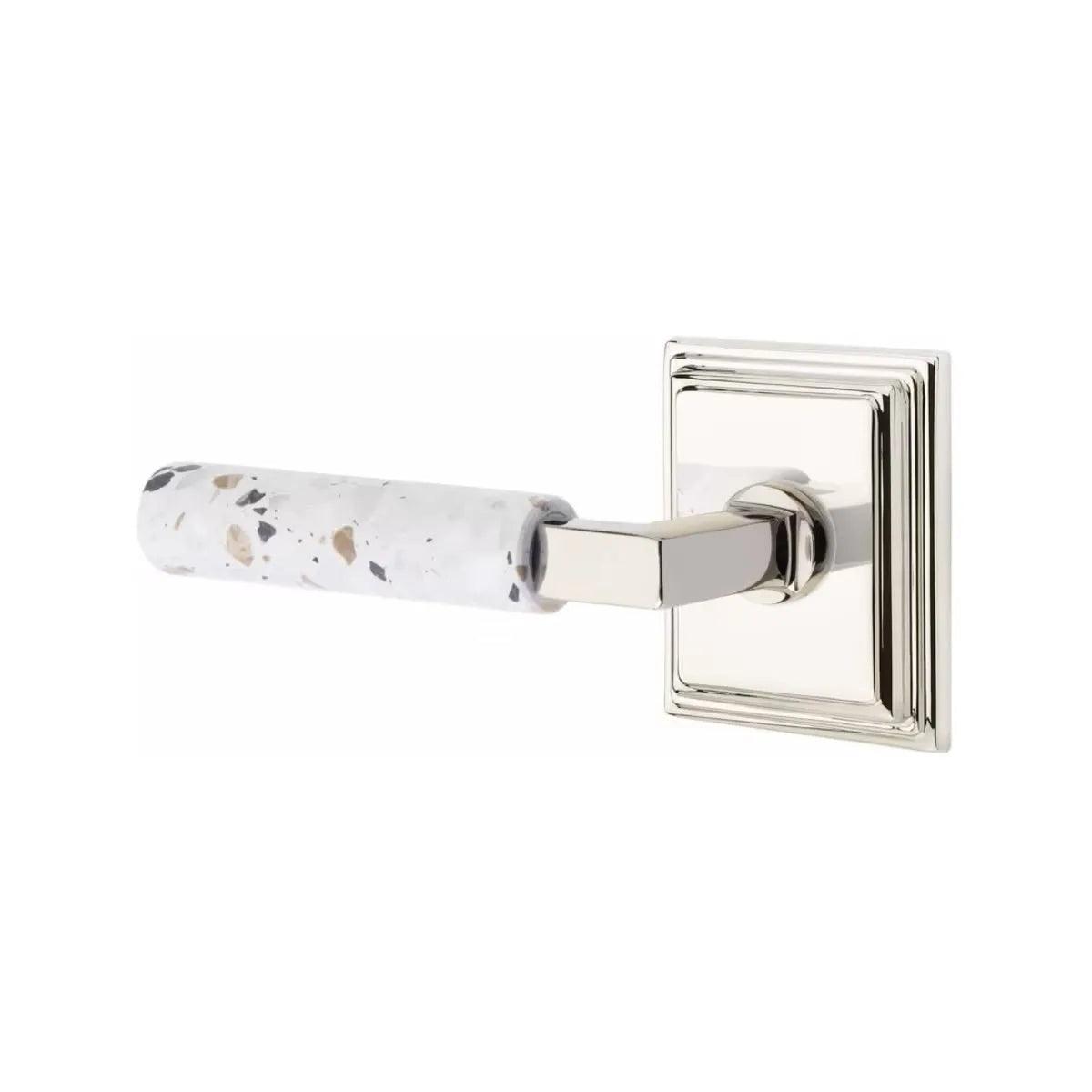 Emtek Select L-Square Terrazzo Lever with Wilshire Rosette in Polished Nickel finish