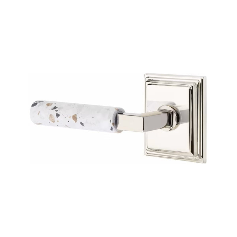 Emtek Select L-Square Terrazzo Lever with Wilshire Rosette in Polished Nickel finish