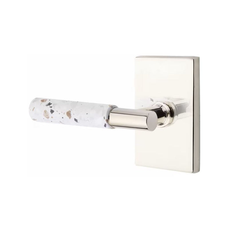 Emtek Select T-Bar Terrazzo Lever with Modern Rectangular Rosette in Polished Nickel finish