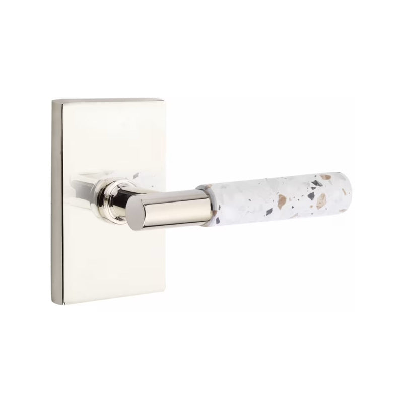 Emtek Select T-Bar Terrazzo Lever with Modern Rectangular Rosette in Polished Nickel finish