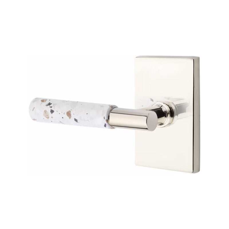 Emtek Select T-Bar Terrazzo Lever with Modern Rectangular Rosette in Polished Nickel finish